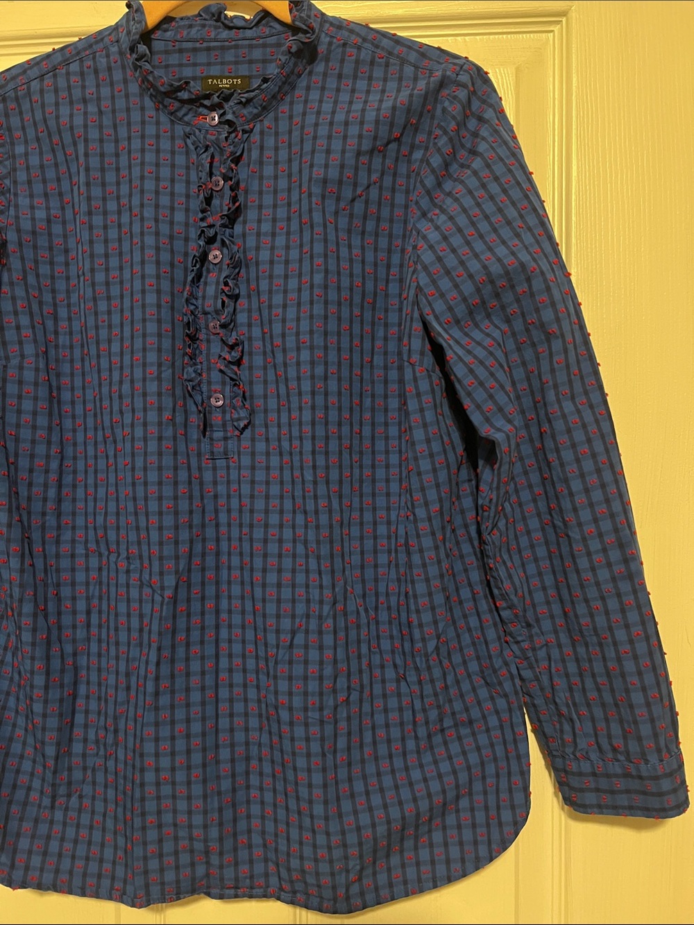 Talbots Navy and Red Checked Ruffle Henley - Picture 3 of 10